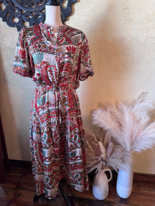 Bubble Sleeve Tiered Midi Dress