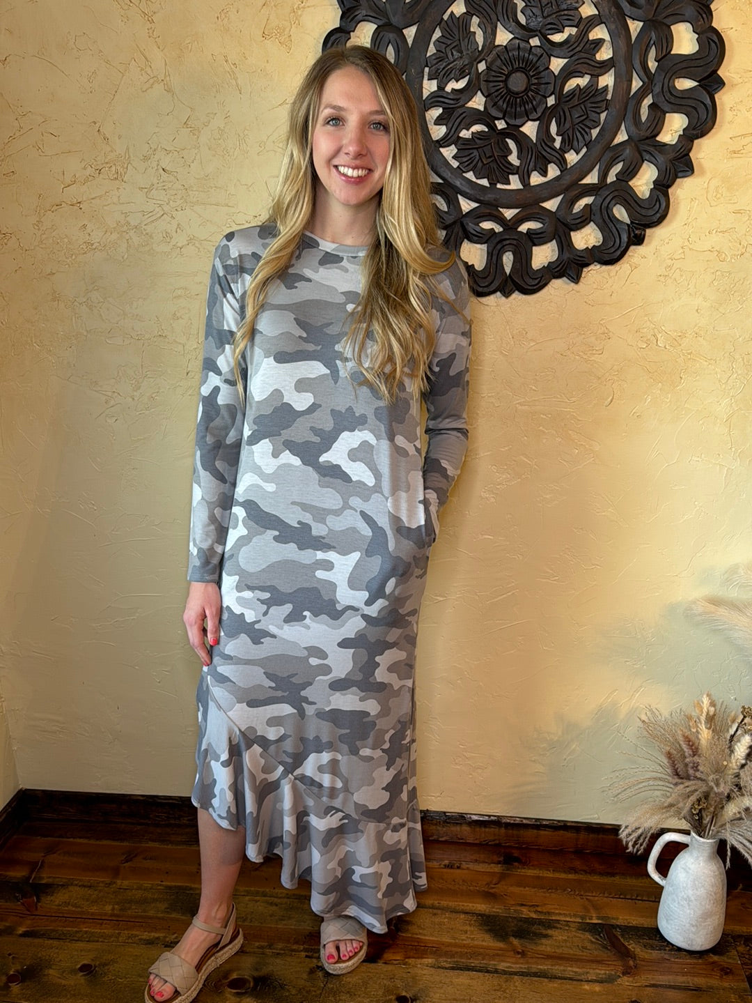 grey camo dress Camo Raw Edge Dress In Grey