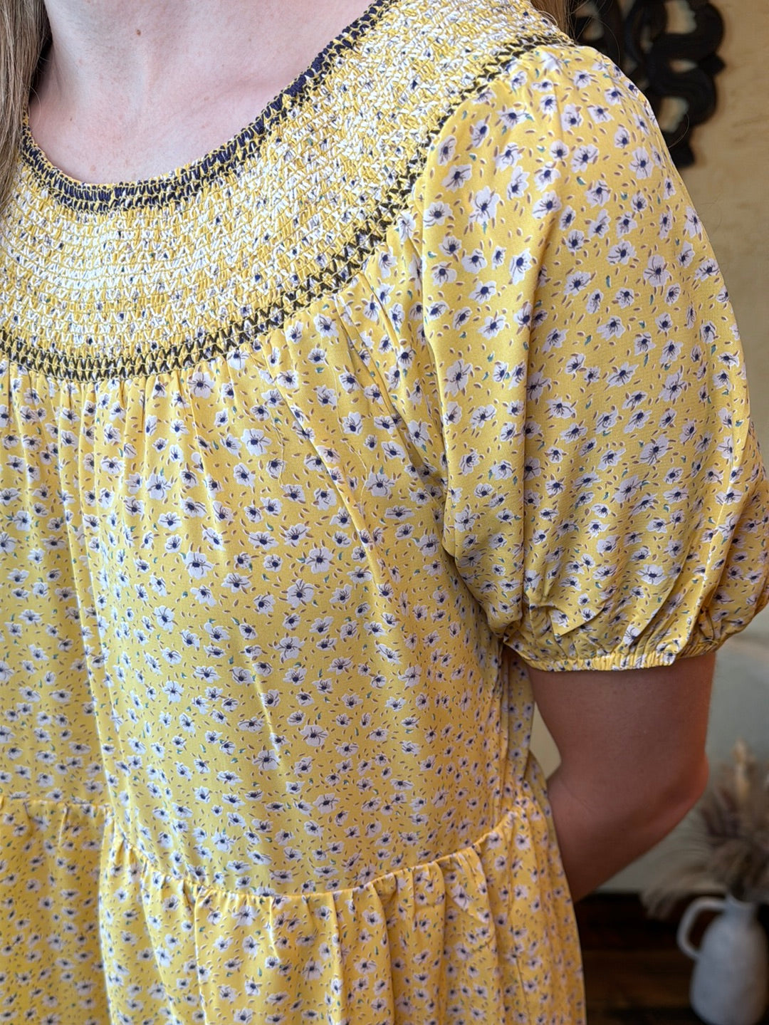 Mustard Puff Sleeve Floral Midi Dress