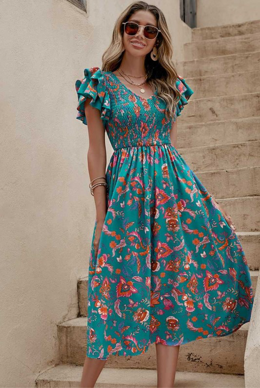 Ethnic Print Ruffle Sleeve Midi Dress