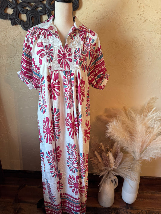 Printed Smocked Yoke Midi Dress