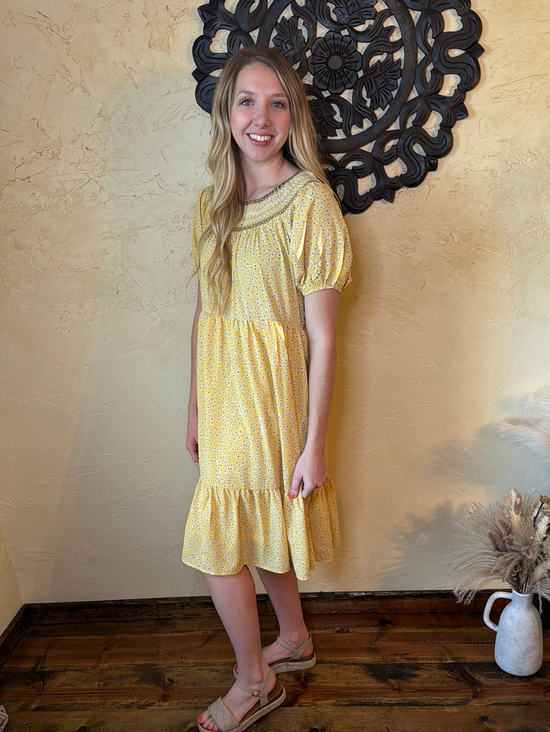 Mustard Puff Sleeve Floral Midi Dress