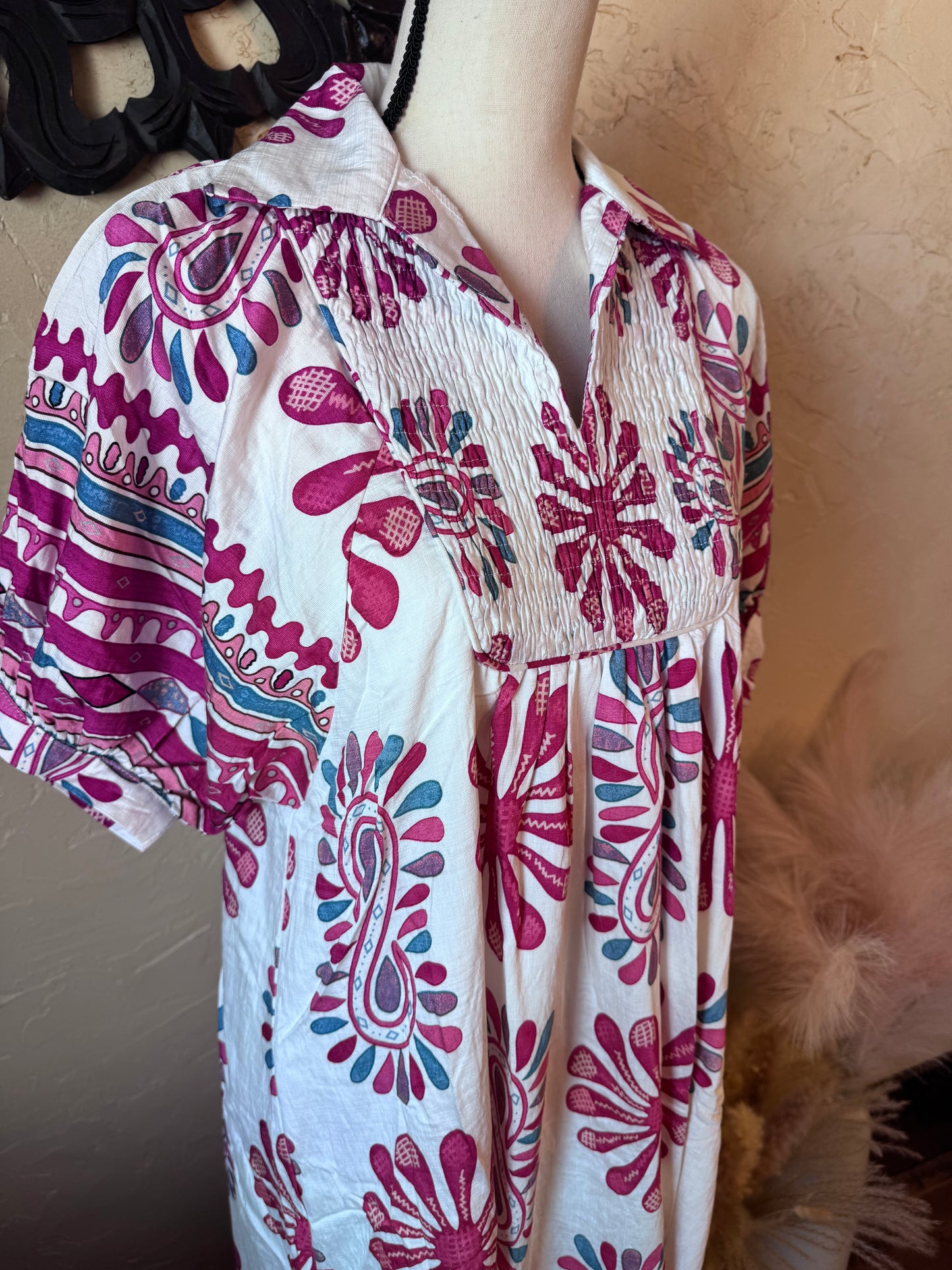 Printed Smocked Yoke Midi Dress
