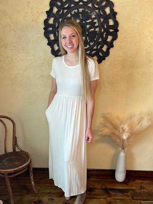 ultra soft maxi dress with pockets and circle neckline, in ivory snow and winter berry