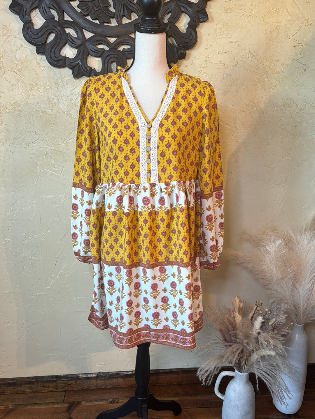 Yellow Allover Print Ruched Dress