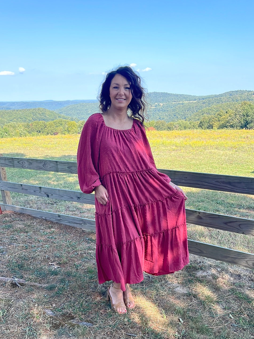 Balloon sleeve Swiss dot round neck dress flowy roomy fit. Brick Red and teal blue