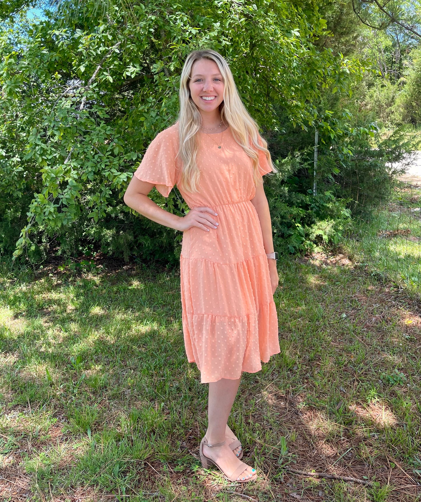 Peach Swiss Dot Tiered Midi Dress