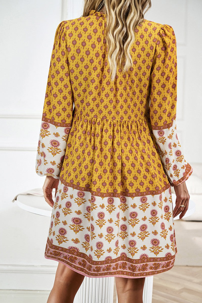 Yellow Allover Print Ruched Dress