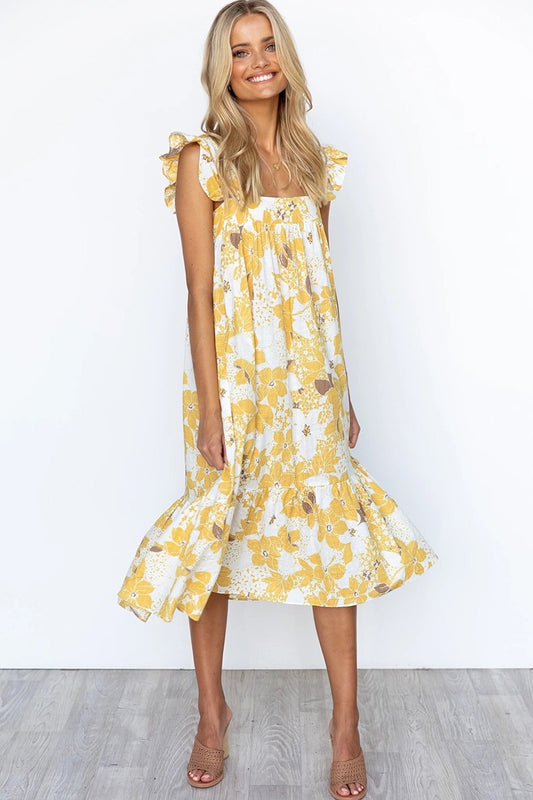 Yellow Floral Ruffle Sleeve Dress