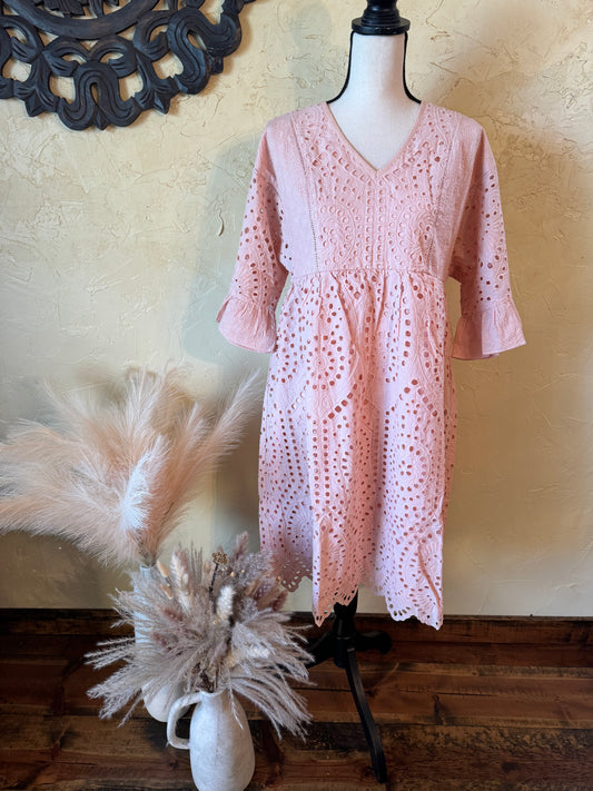 Blush Pink Eyelet Ruffled Sleeve Dress