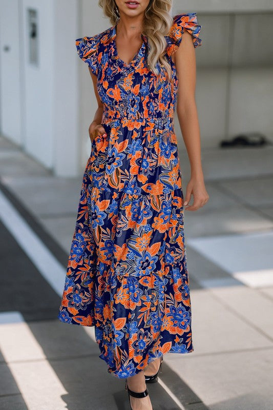 Boho Floral V Neck Tiered Dress