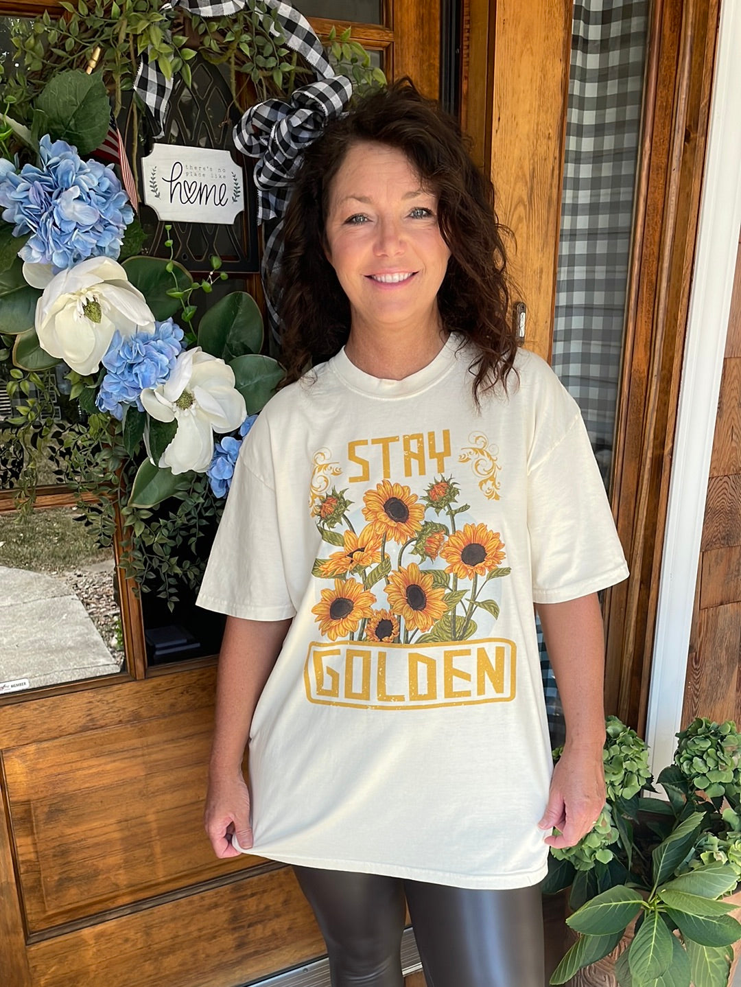 stay Golden sunflower graphic tee with cream tee color bella canvas relaxed fit