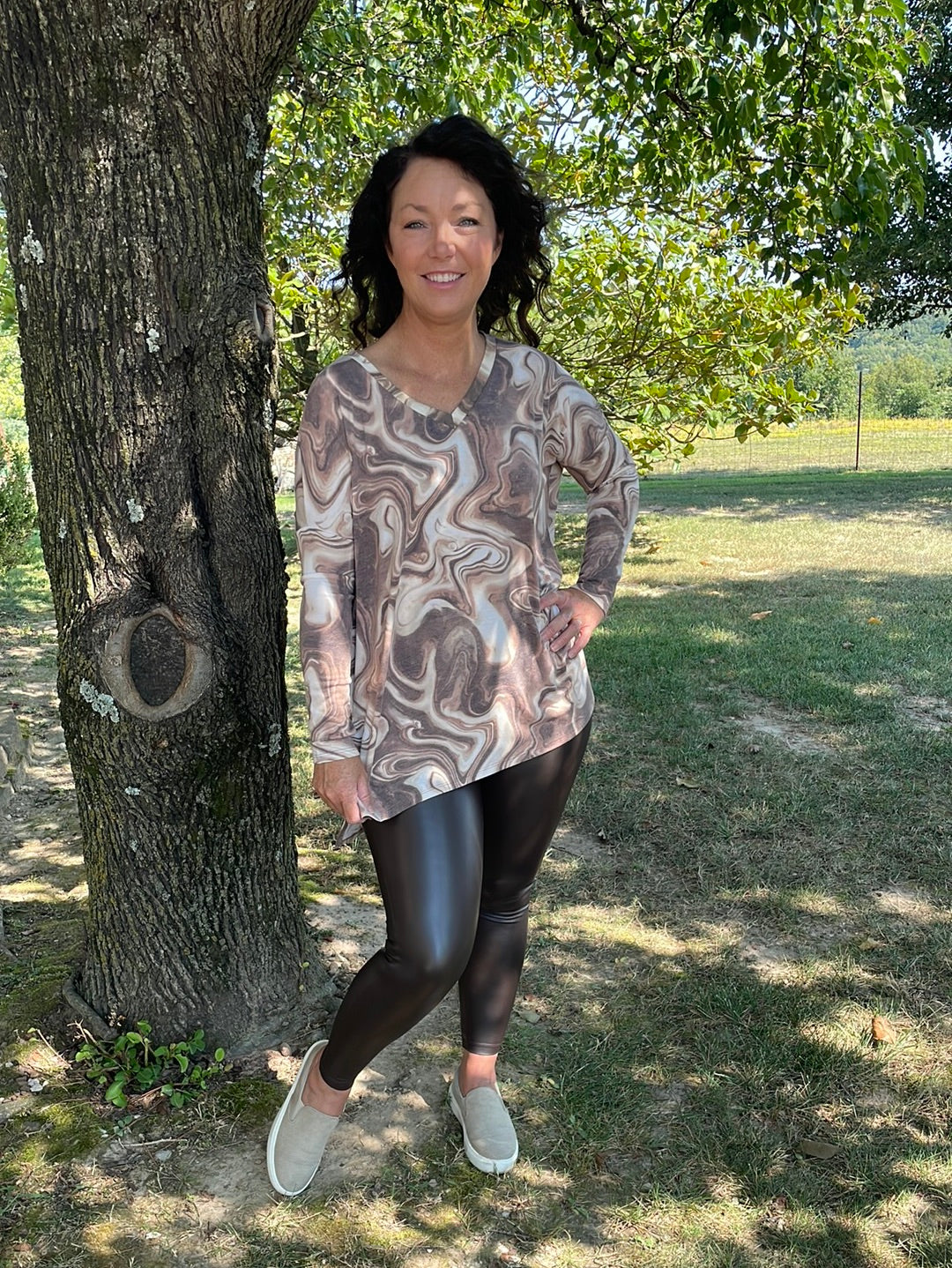 mocha brown and cream swirled print tunic with side slits and vneck super soft fabric