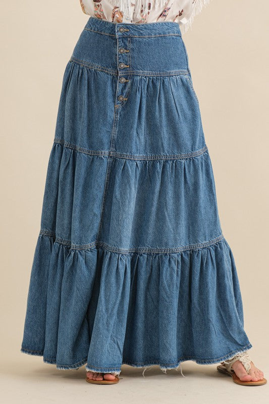 Denim Tiered Button Up Maxi Skirt