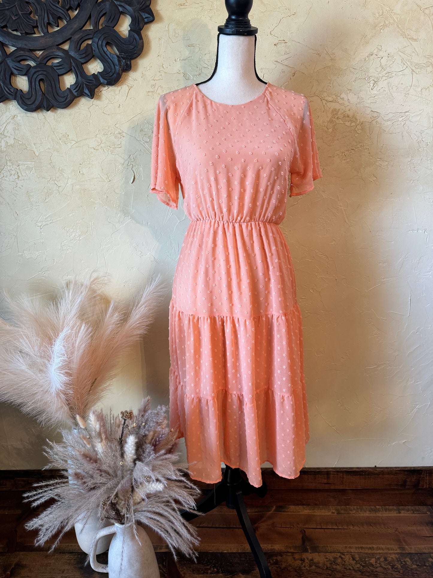 Peach Swiss Dot Tiered Midi Dress