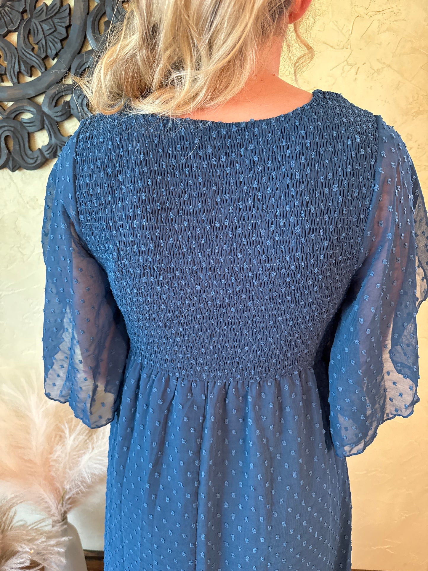 Navy Swiss Dot Tulip Sleeve Dress