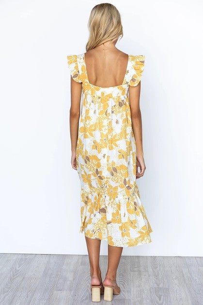 Yellow Floral Ruffle Sleeve Dress