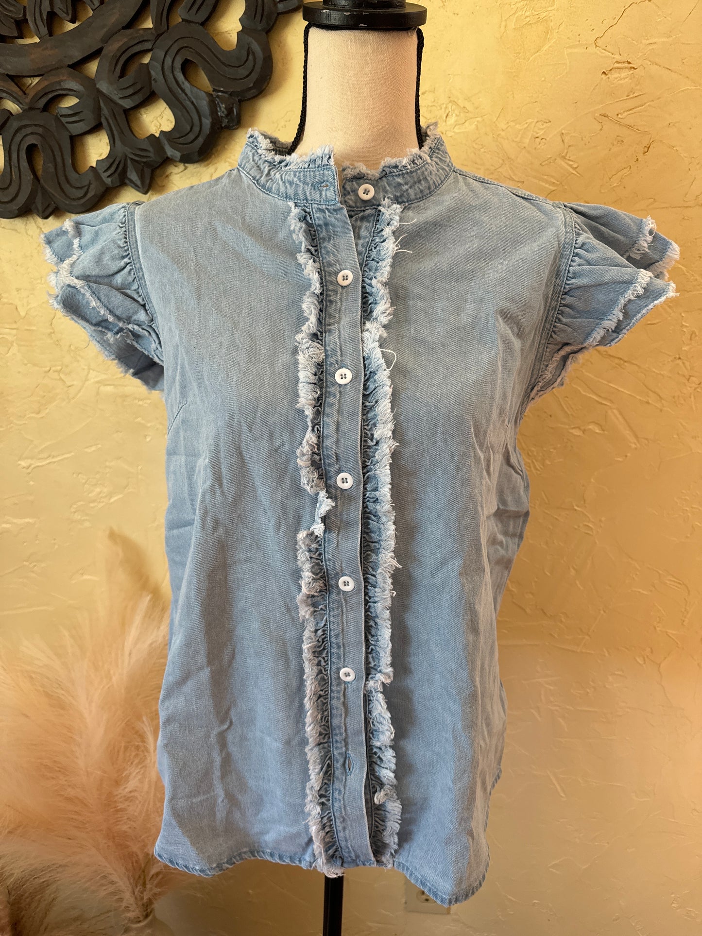 Button Front Frayed Denim Top