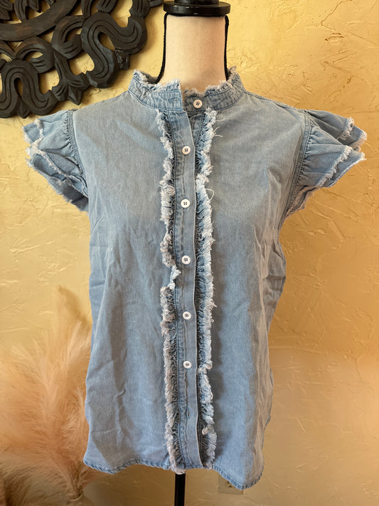 Button Front Frayed Denim Top