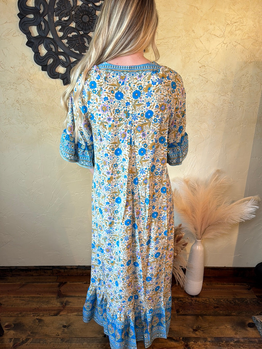 Blue Aztec Floral Boho Maxi Dress