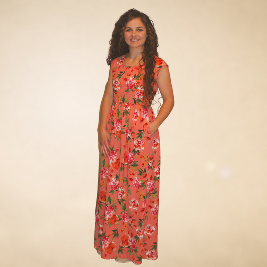 Coral maxi dress with floral print cap sleeves round neck collar elastic waist  with  pockets