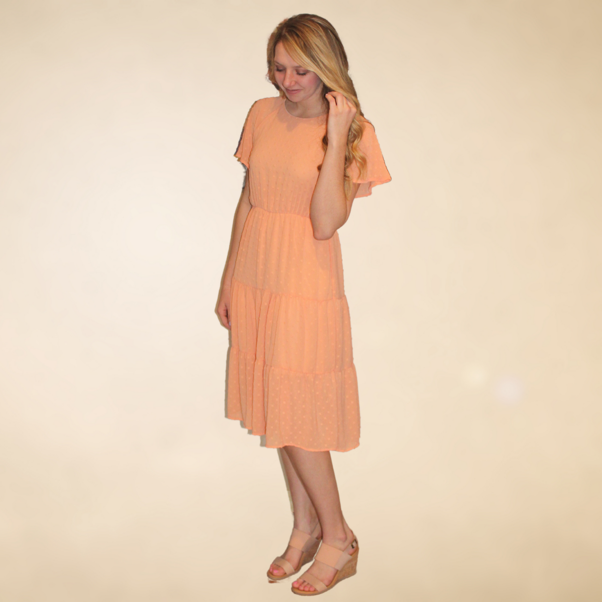 Peach Swiss Dot Tiered Midi Dress - Remembering Ruth Company