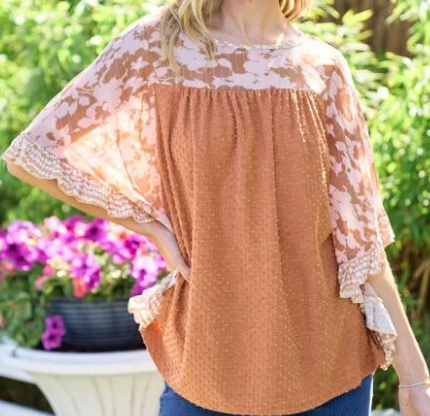 Rust Swiss Dot Ruffled Sleeve Top - Remembering Ruth Company