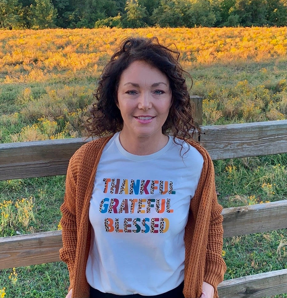 thank grateful blessed graphic shirt colorful letters accented with leopard print