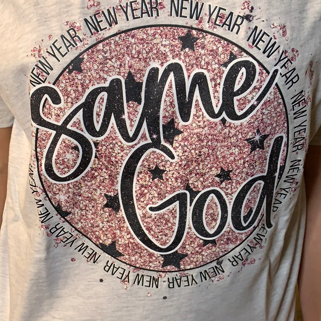 Express your faith and confidence in God with this Bella canvas New year Same God graphic T Shirt Faux glitter design. Ash Gray