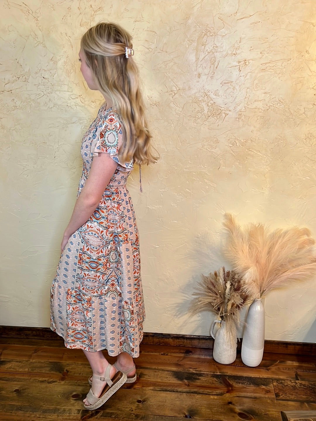 Apricot Abstract Tiered Midi Dress - Remembering Ruth Company