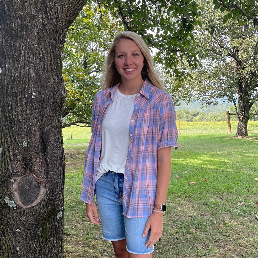 Blue and coral plaid button front collared shirt