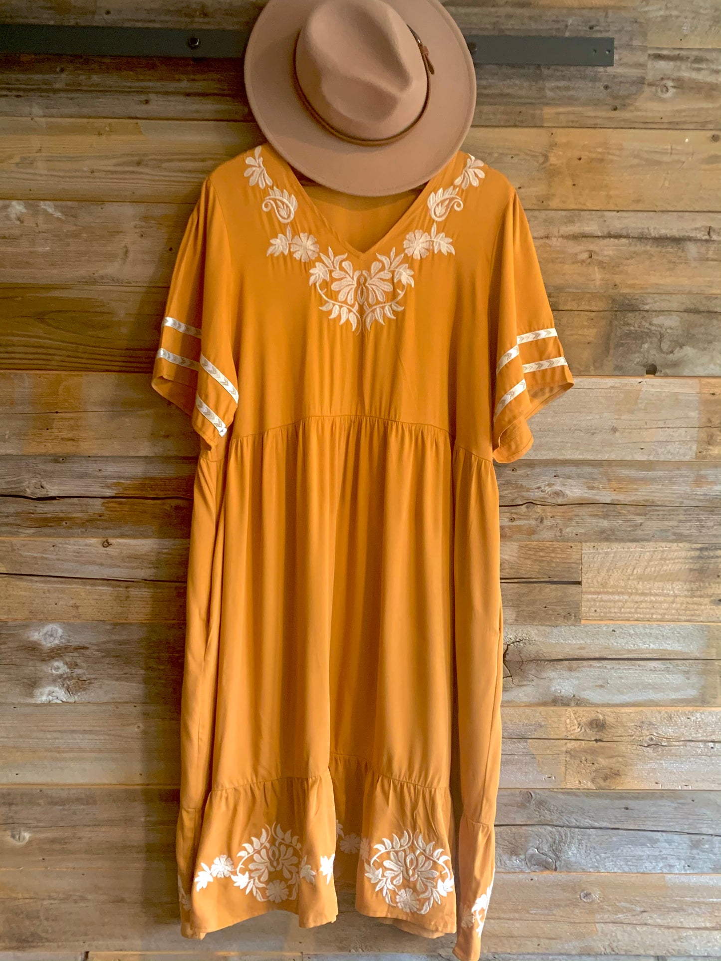 Golden Wheat Embroidered Midi Dress - Remembering Ruth Company