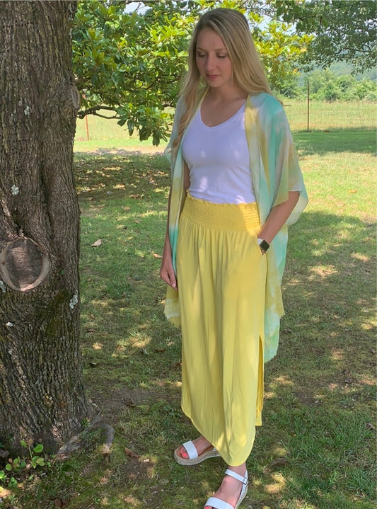 Yellow knit maxi skirt with side slits wide elastic waist band with pockets 