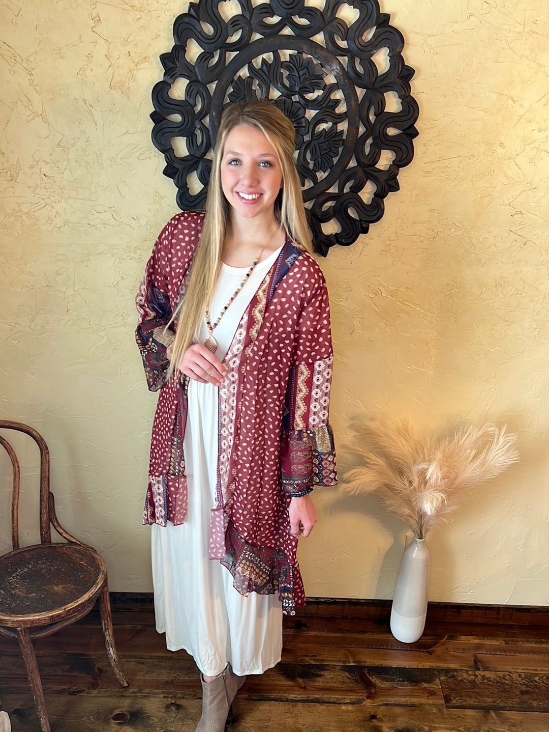 Abstract print multi colored Kimono, 3/4 ruffled sleeves. main color burgundy 