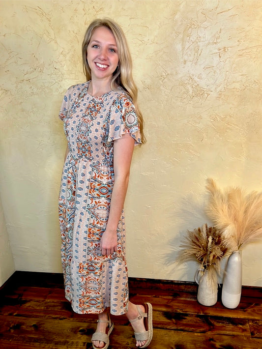 Apricot Abstract Tiered Midi Dress - Remembering Ruth Company