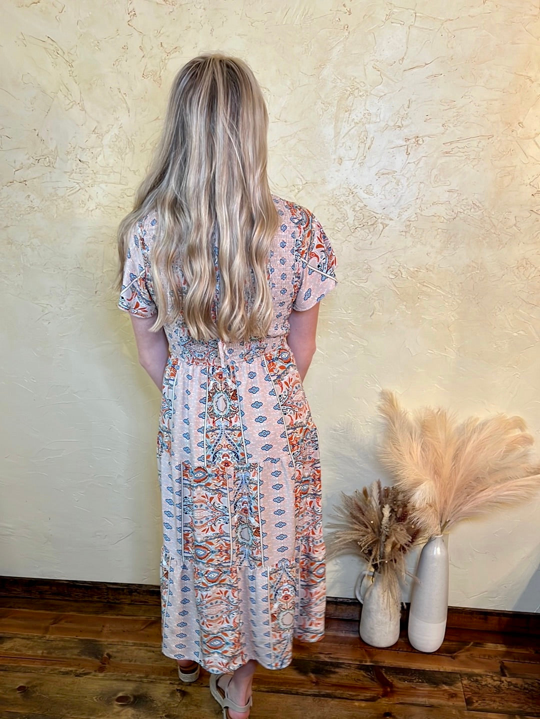 Apricot Abstract Tiered Midi Dress - Remembering Ruth Company